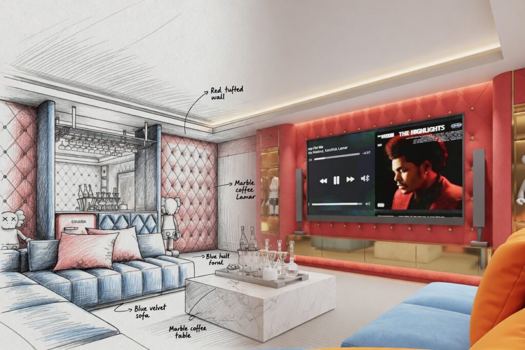Luxury private karaoke lounge in a Maprachan Pattaya villa featuring red diamond-tufted accent wall, large blue velvet L-shaped sofa, white marble coffee table, and The Weeknd playing on the big screen.