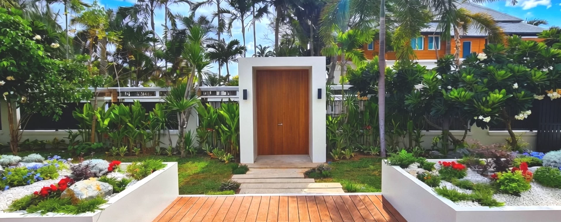 Stunning modern tropical entrance of a luxury villa in Jomtien, Pattaya featuring natural bamboo-style wooden decking, symmetrical white planters with vibrant landscaping, lush palm trees, and a minimalist white entrance pavilion with warm wooden door.